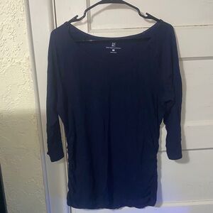 New York & Company Navy Blue Ruched Quarter Sleeve Wide Neck Tunic Blouse